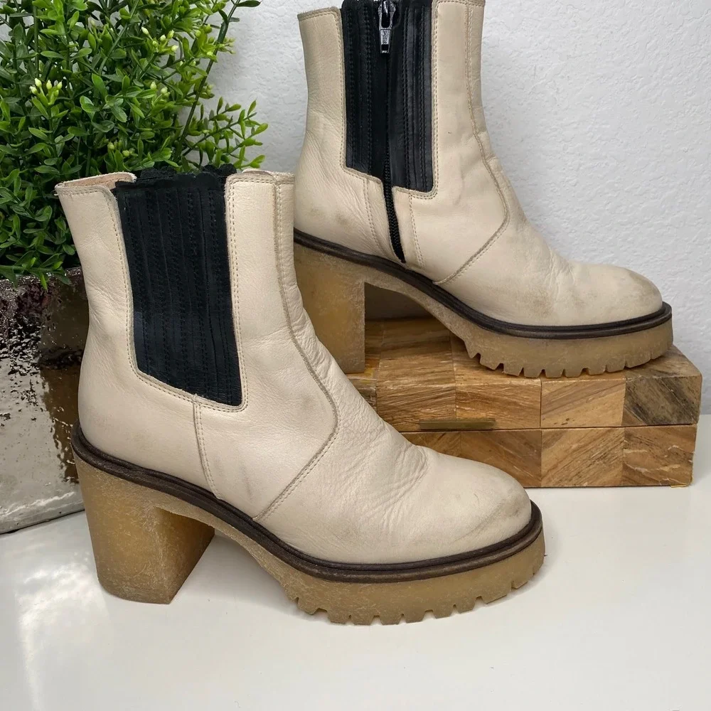 Free People James Chelsea Ankle Boots Cream Leather Platform Size 37 EU/6-6.5 US